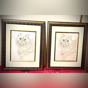 SYL Lobato Framed cat prints in Antique Gold color wood 13” x  16” frames 2 pcs.